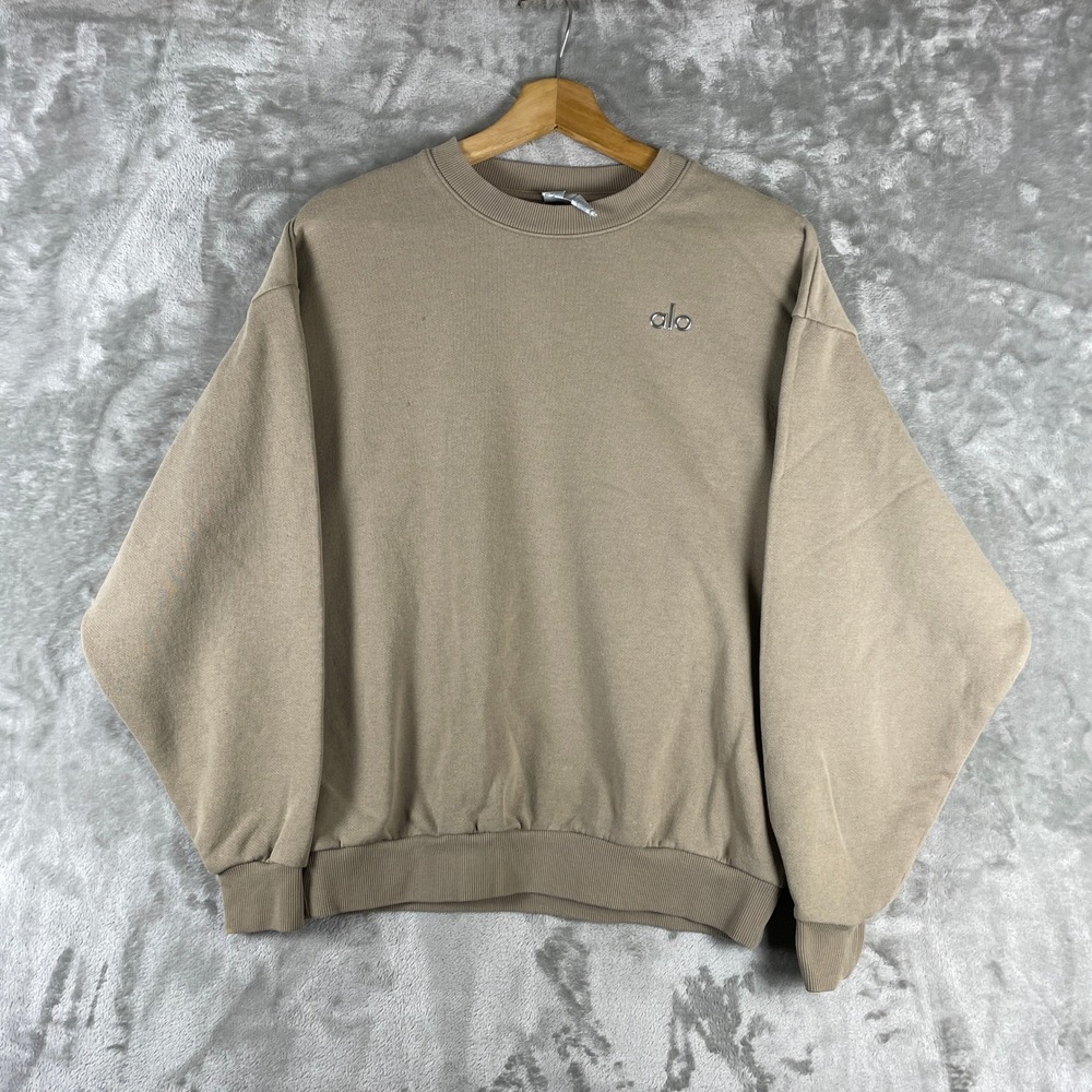 Alo Yoga Sweatshirt Women XS Tan Accolade Crew Neck Pullover Chrome Logo